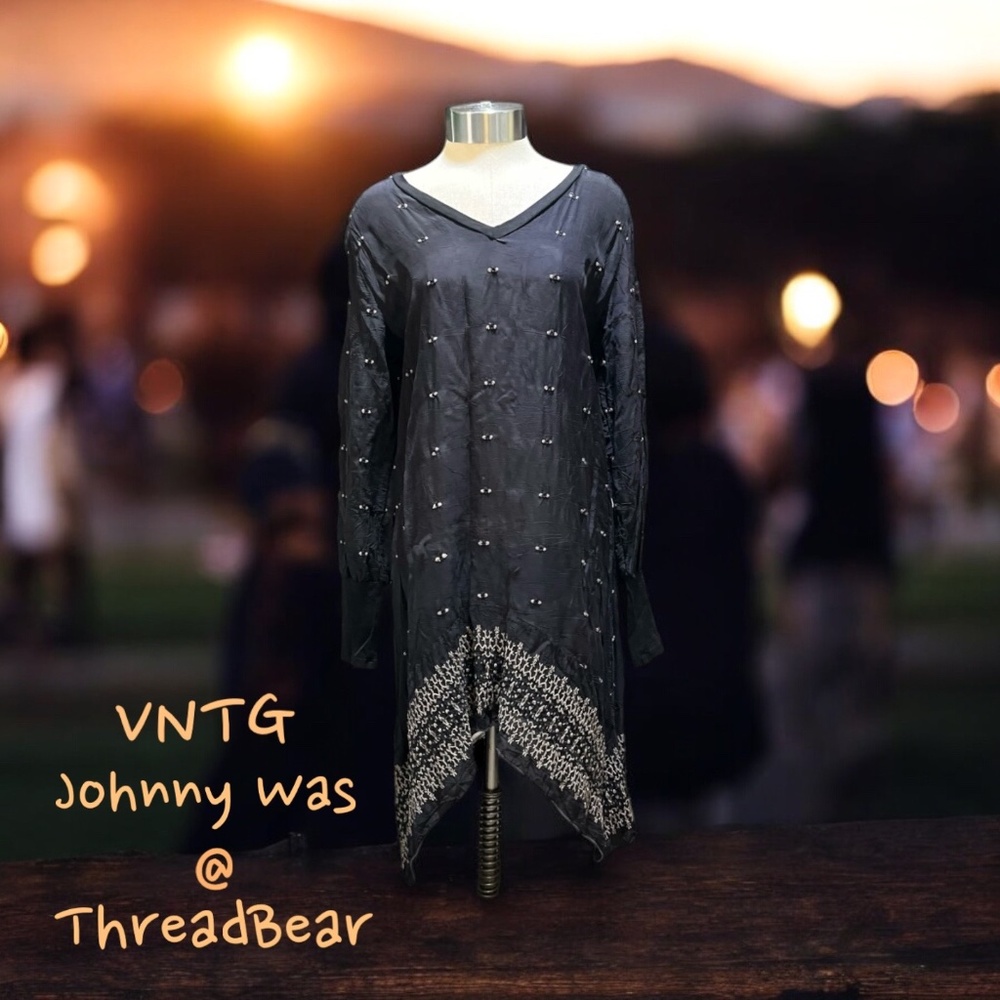 VNTG [Johnny Was] Boho Embroidered Black Midi Dress | Semi Sheer + Gray | Small - Picture 3 of 11